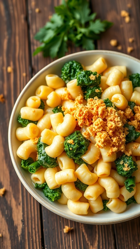 A bowl of kale mac and cheese with elbow pasta, cheese sauce, and sautéed kale, topped with breadcrumbs, on a rustic table.